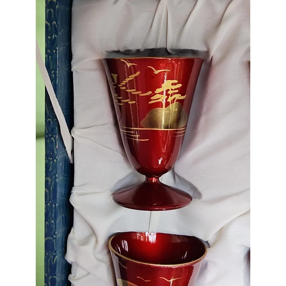 Japanese Aizu Lacquerware Sake Cups Tray Set MT FUJI Red Lacquer Gold Gilt‎ VTG
